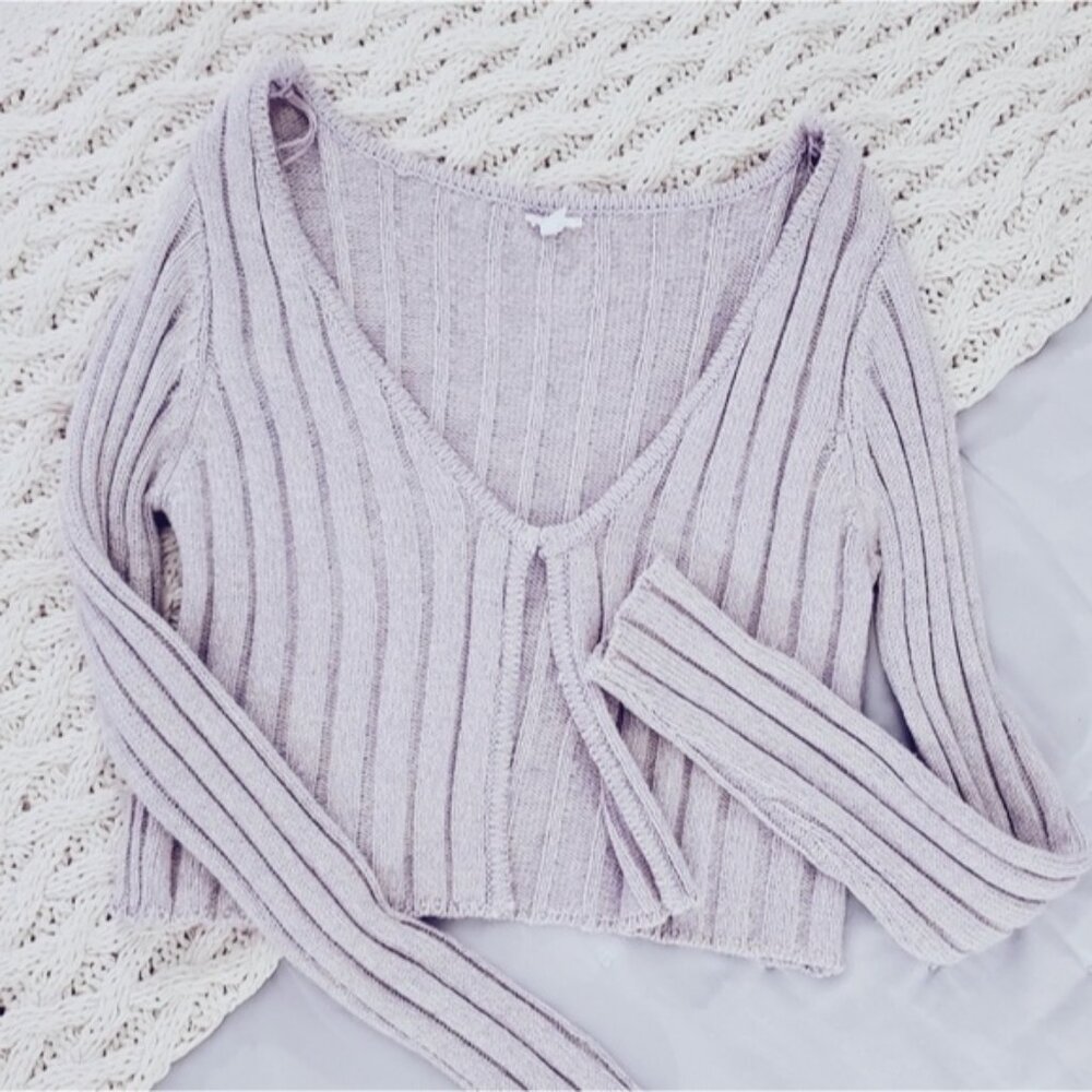 Garage Cotton Knit Ribbed Lilac Cropped Cardigan - Picture 8 of 10